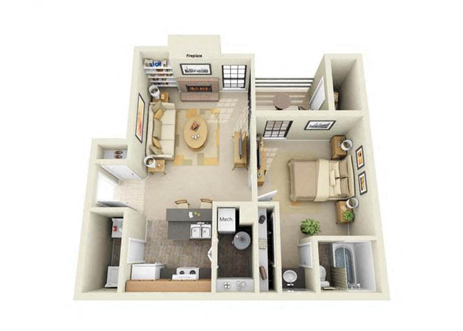 Floor plan for 1 bed, 1 bath, 626 sqft